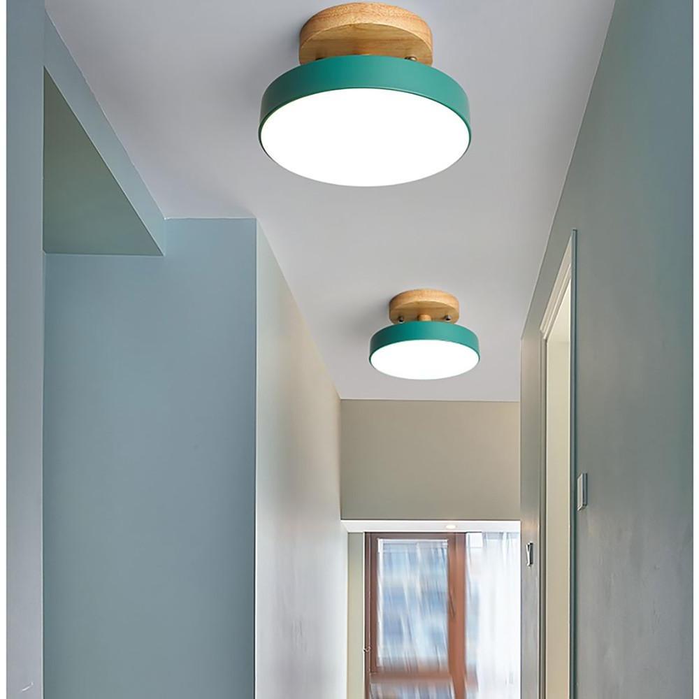 Round Minimalist Drum Flush Mount Light Metal Wood LED Ceiling Light