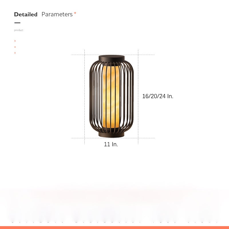Lantern metal outdoor light with cylindrical shape and dimensions, showcasing modern and functional design.