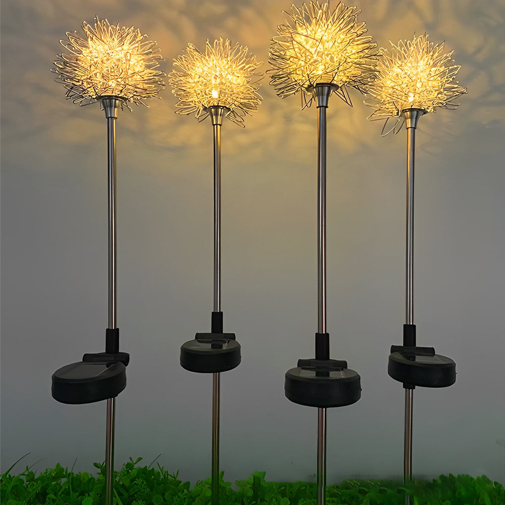 Dandelion landscape lights with black bases, standing tall in a grassy field during twilight.