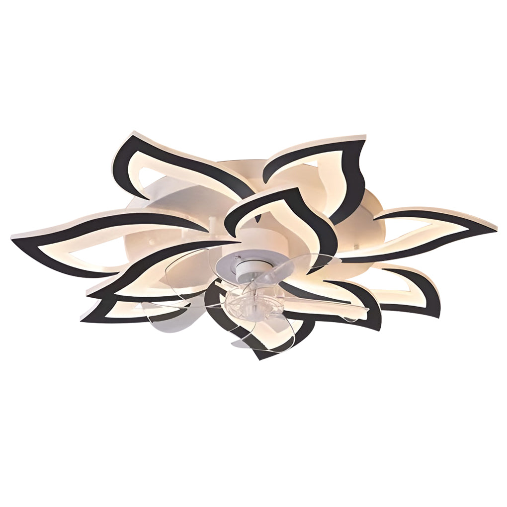 Decorative ceiling fan with lights in black and gold floral design