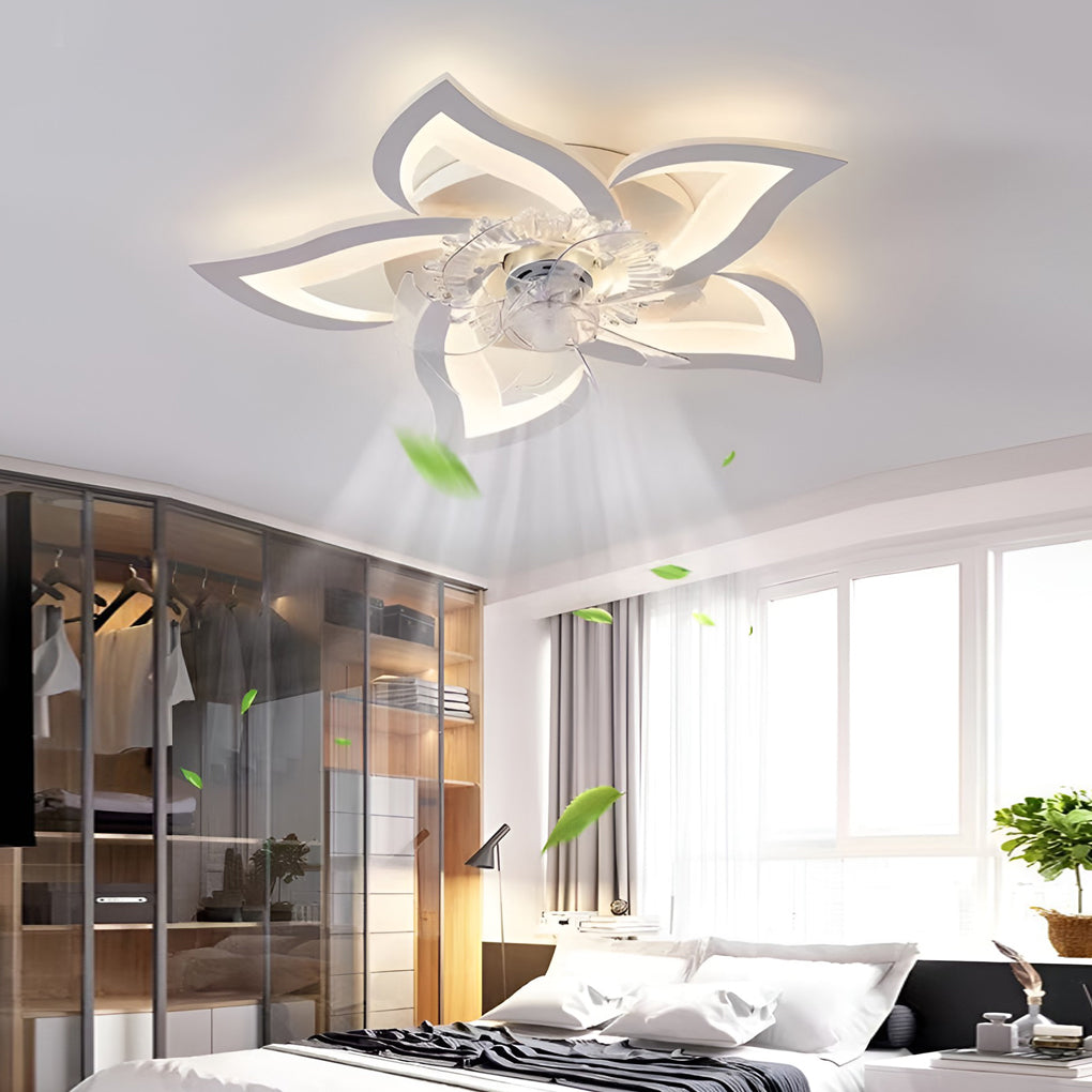 Decorative ceiling fan with lights featuring flower-shaped LED design in living room