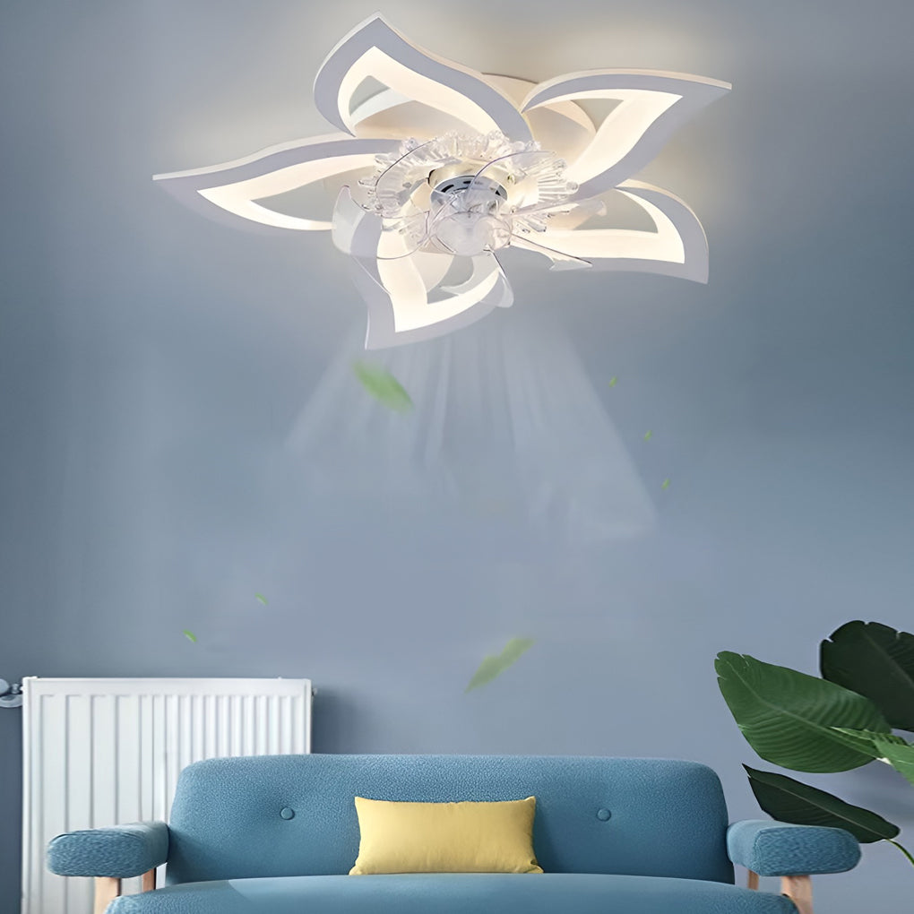 Decorative ceiling fan with lights and layered flower LED above sofa