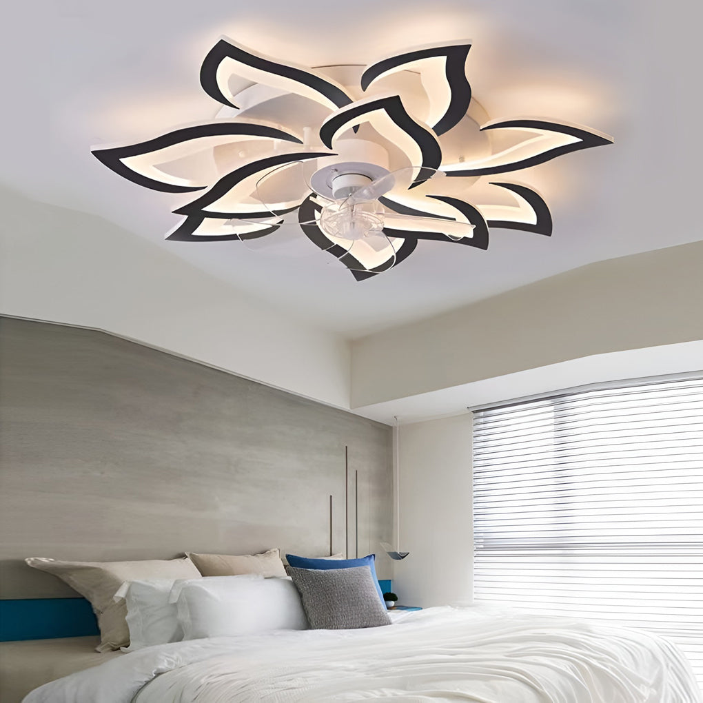 Modern decorative ceiling fan with lights and floral LED design in bedroom