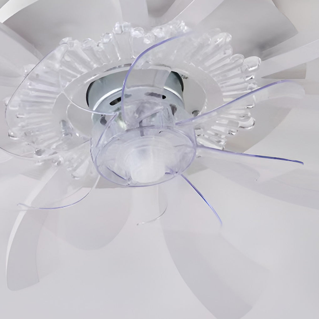 Close-up of decorative ceiling fan with lights showing transparent center