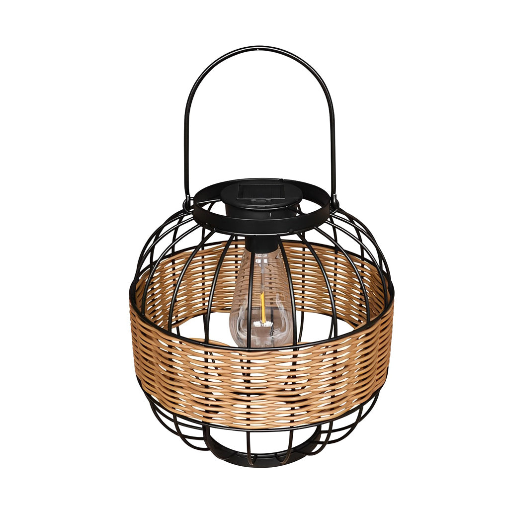 Decorative hanging solar lantern with a black frame, hanging outdoors and emitting a soft light.