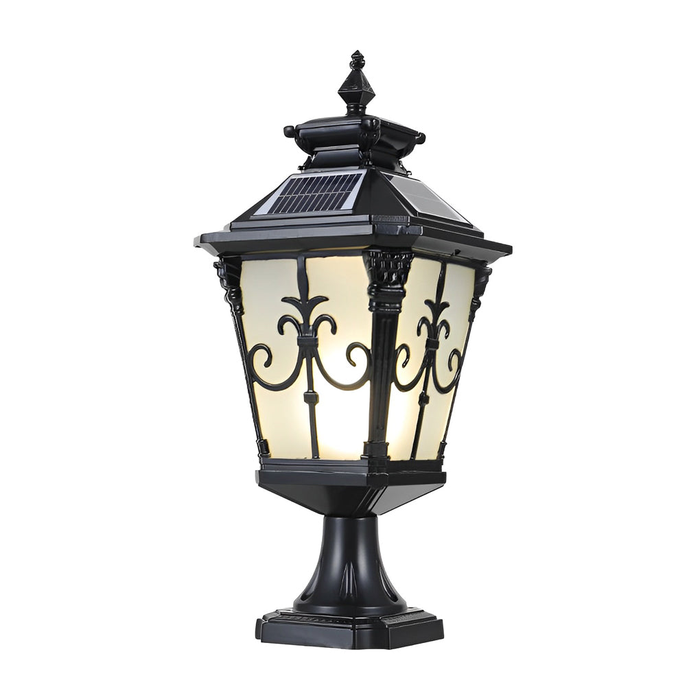 Decorative scrollwork detail on a cast aluminum post light, emphasizing its classic and elegant design.