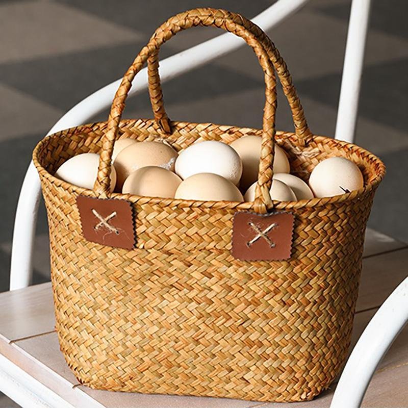 Rustic Natural Seagrass Woven Basket With Handle
