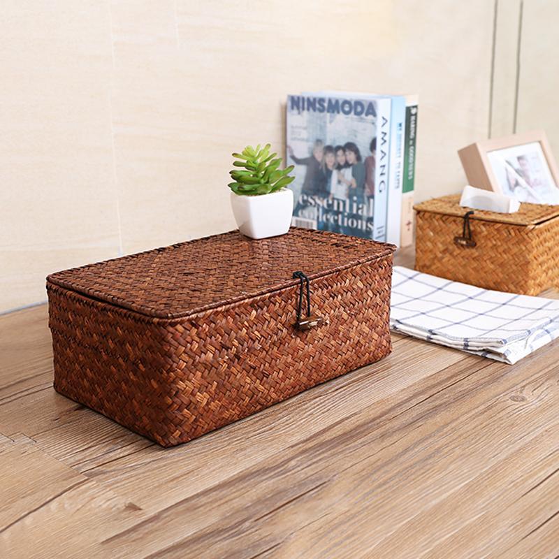 Rustic Straw Weaving Large Rectangular Storage Box
