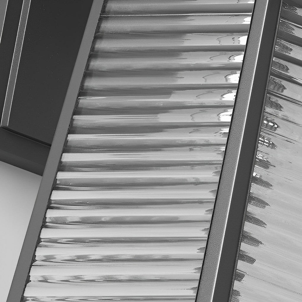 Detail of a lantern outdoor wall light's sturdy black metal frame and sleek design.