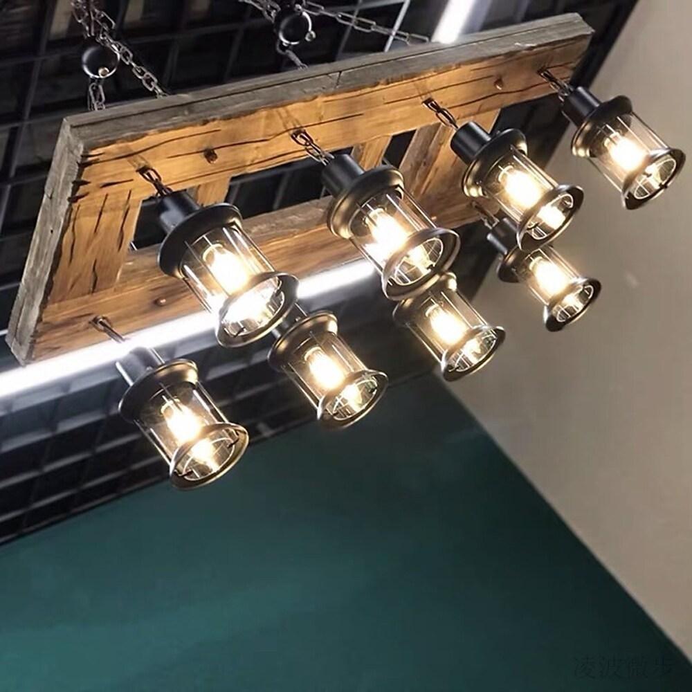 8 - light Vintage Wood Glass Lantern LED Farmhouse Chandeliers Hanging Lamp