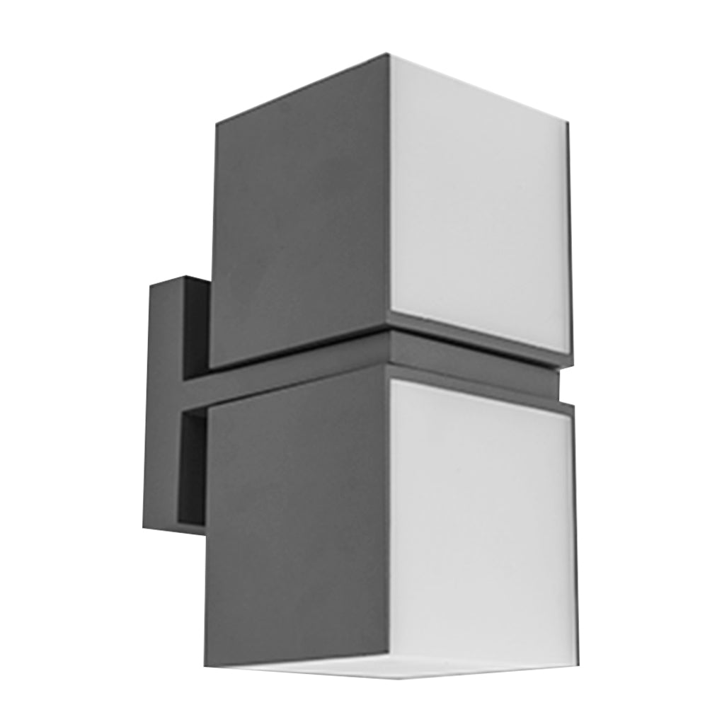 Product view of a black double head wall light with clean geometric form, suitable for modern indoor or outdoor use.