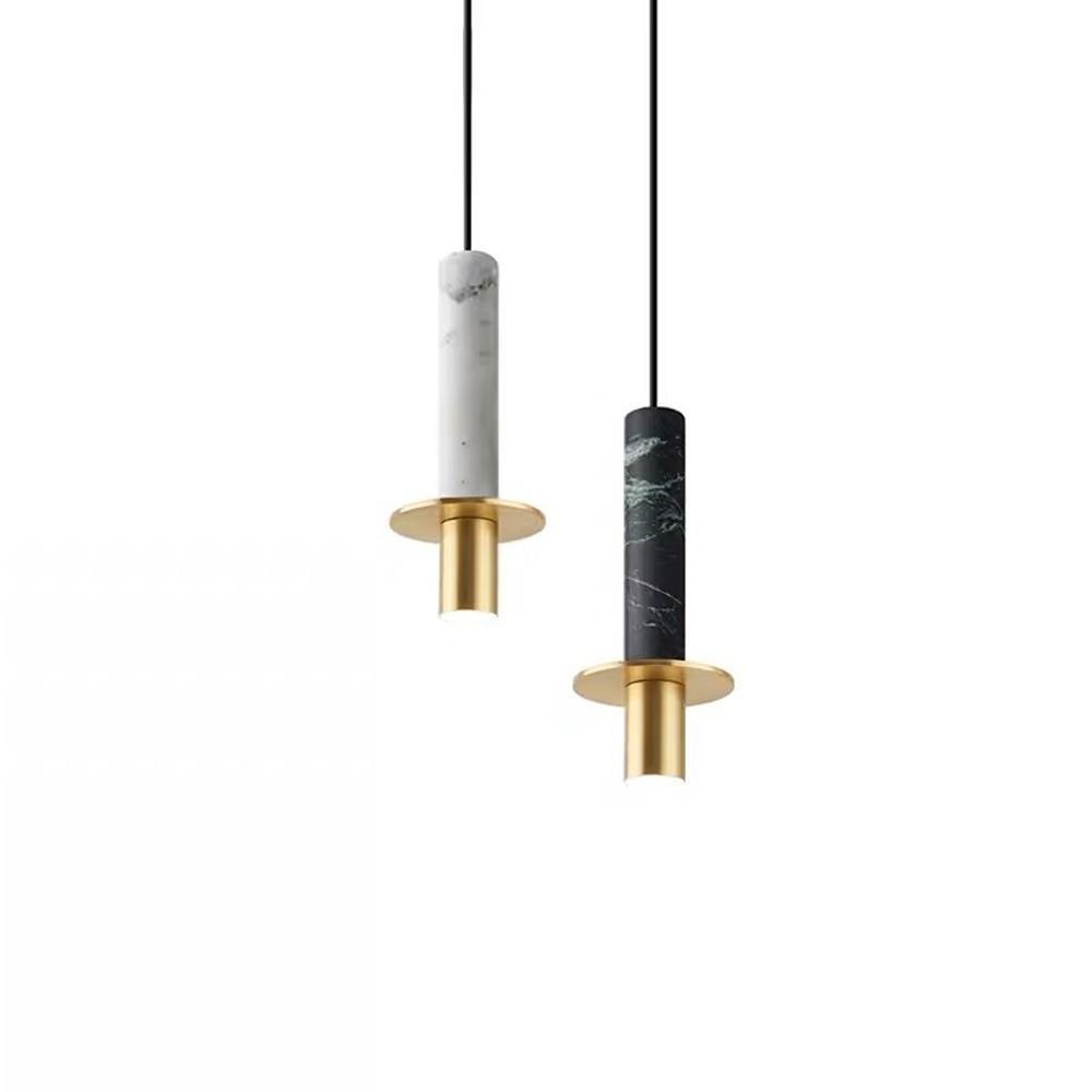 Duo of black and white marble alabaster mini pendant lights at staggered heights on a white background.