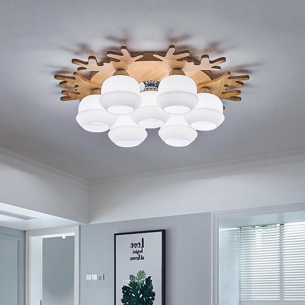Globes Cluster Modern Wood Glass LED Flush Mount Ceiling Lights for Bedroom