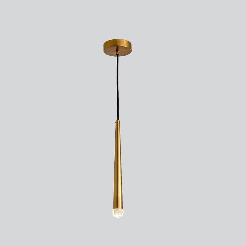 Elegant gold cone pendant light with a tiny glowing crystal bulb on a light grey backdrop.