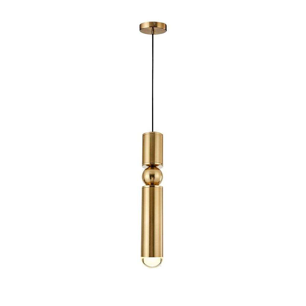 Elegant gold cylinder pendant light with a sphere accent isolated on a professional background.