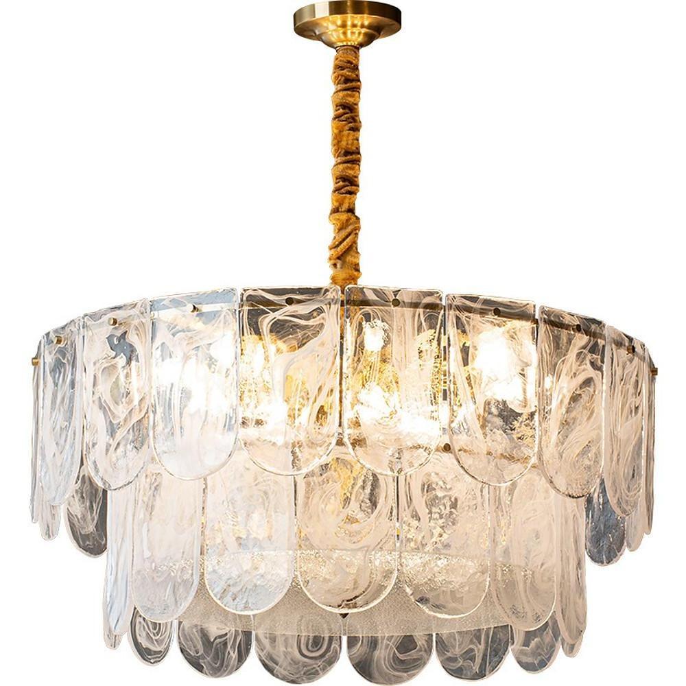 Elegant glass drum chandelier with a luxurious gold finish and layered vertical prisms for a stunning glow.