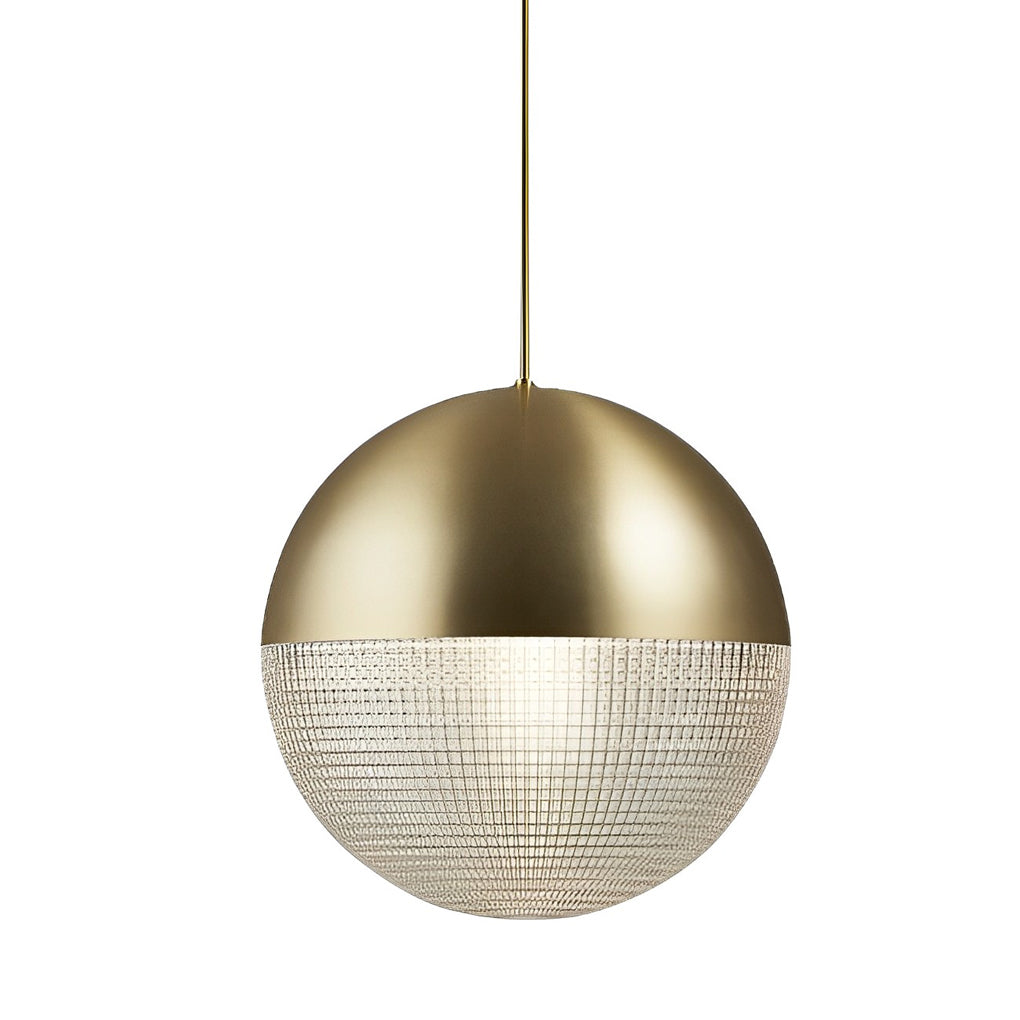 Elegant gold globe pendant light featuring a textured glass bottom on a white background.