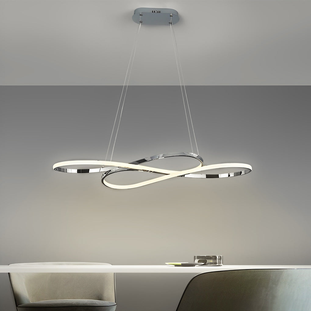 LED infinity chandelier with elegant loop design hanging in modern dining room.
