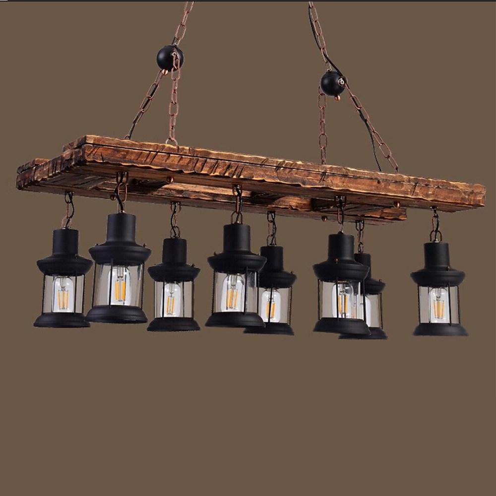 8 - light Vintage Wood Glass Lantern LED Farmhouse Chandeliers Hanging Lamp