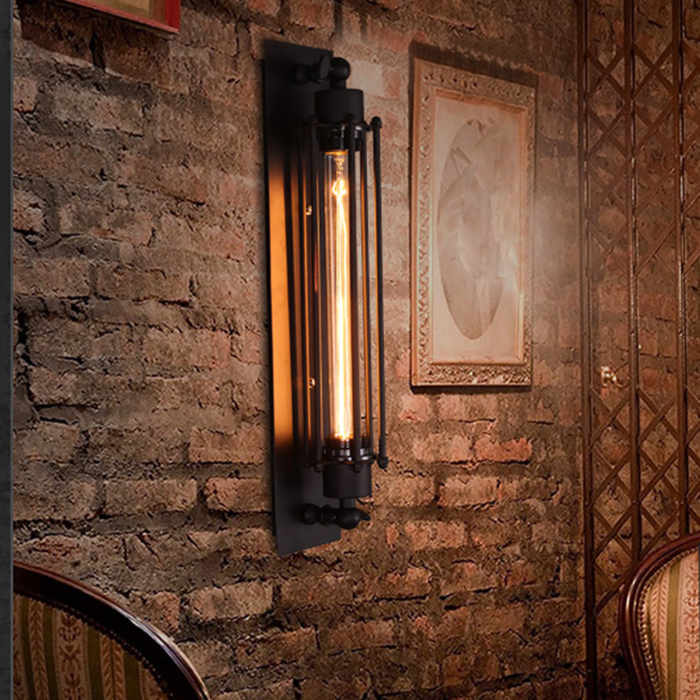 Vintage industrial wall sconce with exposed Edison bulb, mounted on rustic brick wall for warm ambient lighting.