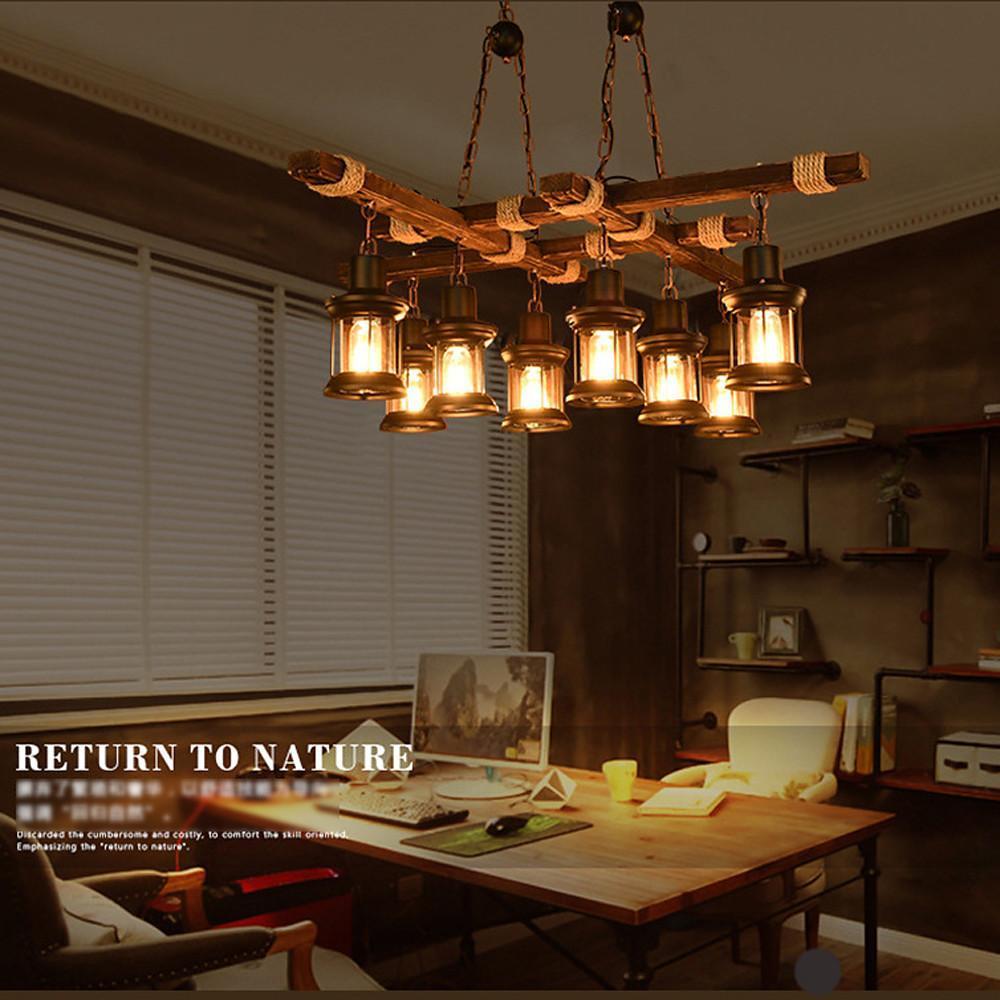 Farmhouse rustic wood chandelier creating warm ambient lighting in dining room.