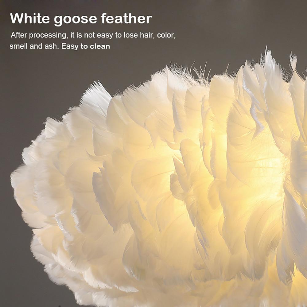 Close up detail highlighting natural white goose feather texture of a fluffy hanging light.