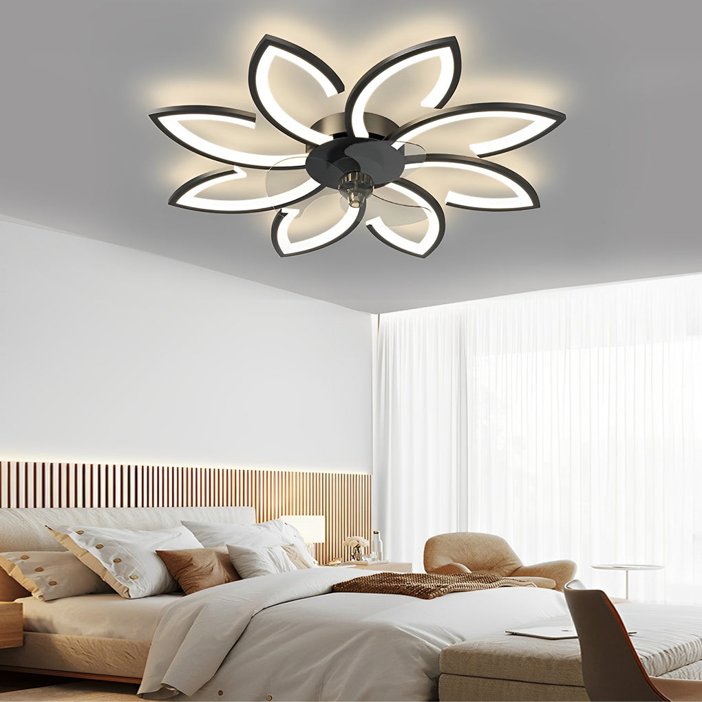Flower ceiling fan with light providing ambient light above a cozy sofa.