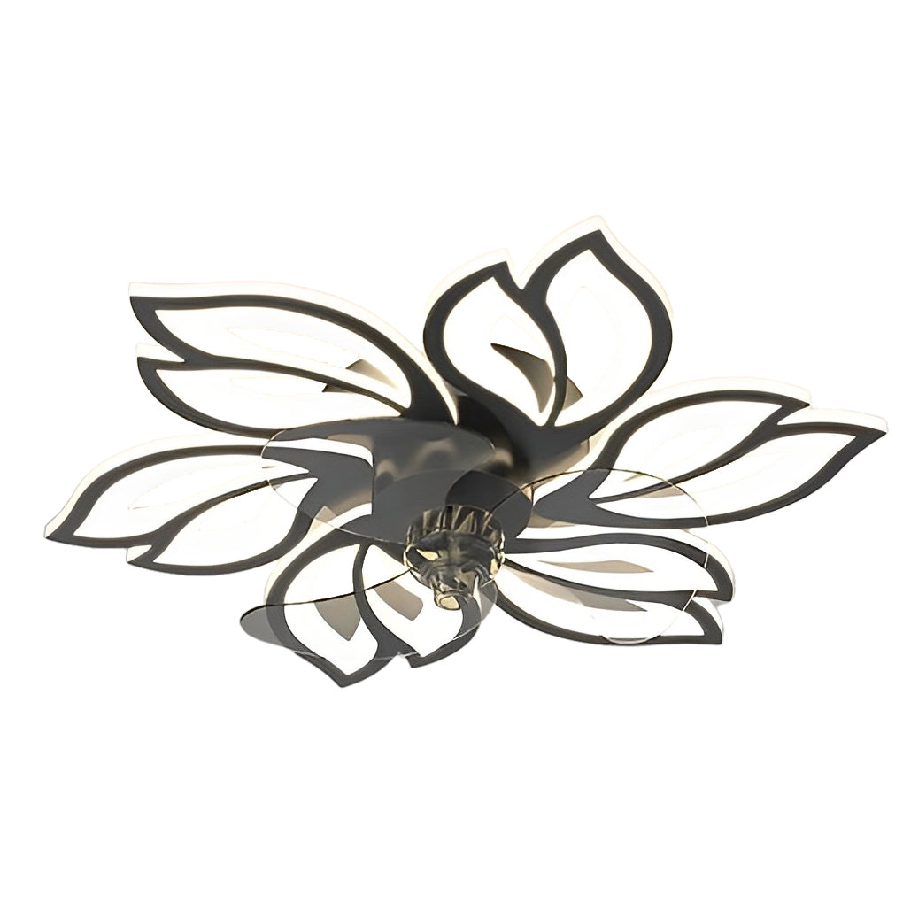 Flower ceiling fan with light in black, front view of the modern flower design.