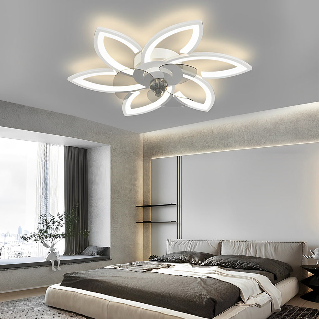Flower ceiling fan with light enhancing a contemporary bedroom with elegant design.
