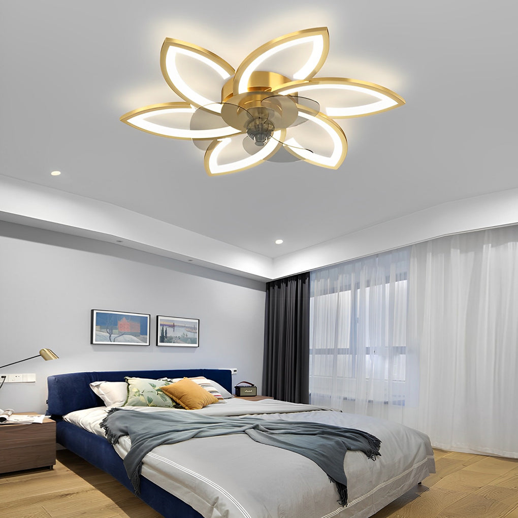 Flower ceiling fan with light casting a gentle glow in a stylish bedroom.