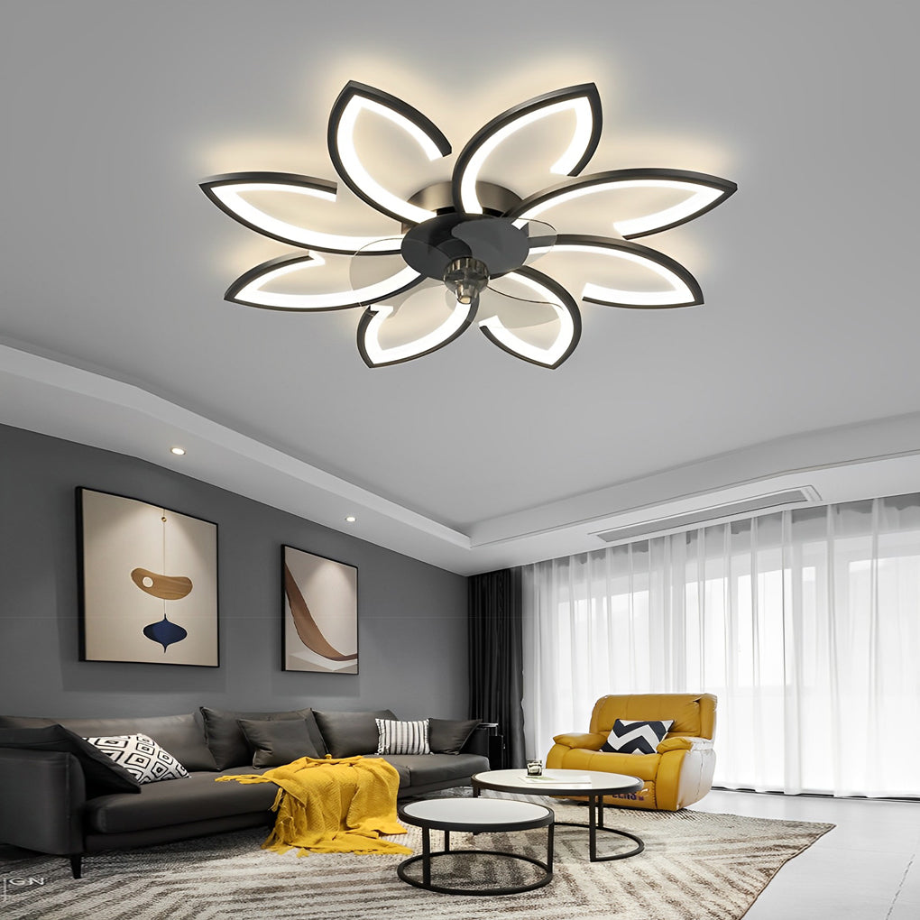 Flower ceiling fan with light in gold, close-up of the elegant flower shape.