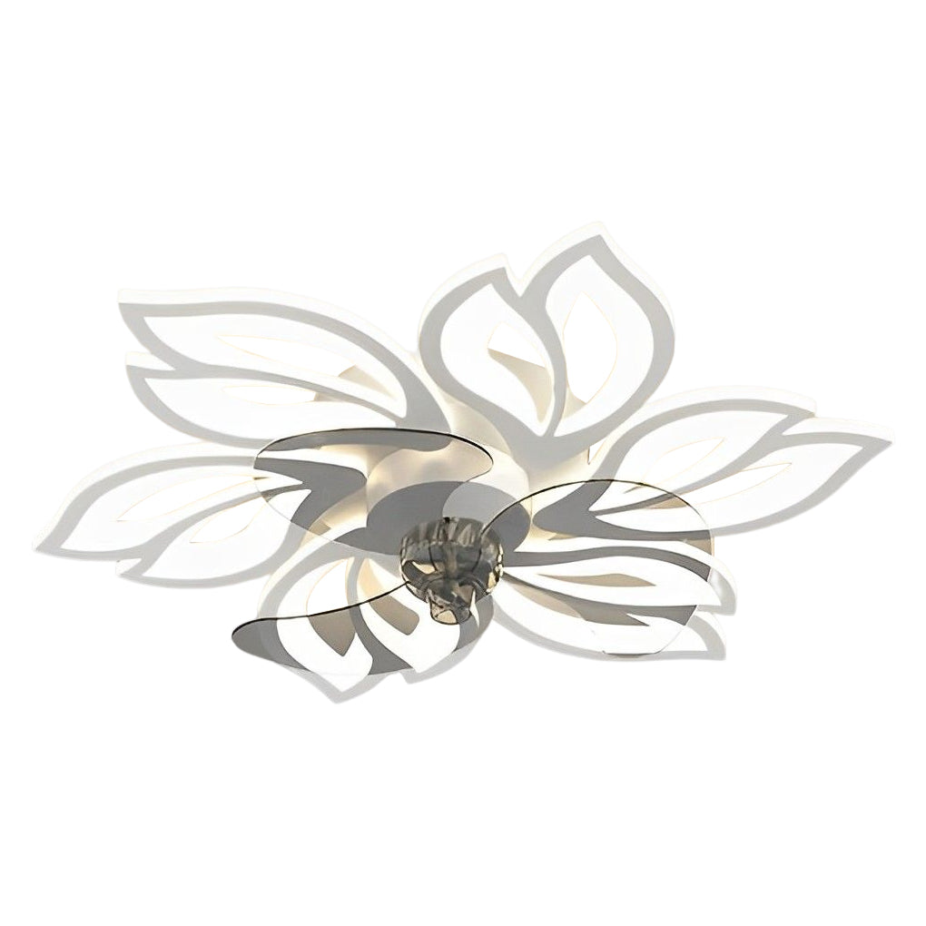 Flower ceiling fan with light in gold, close-up of the light and fan blades.