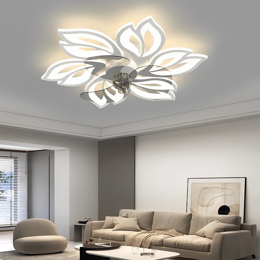 Flower ceiling fan with light in gold, front view of the flower design.