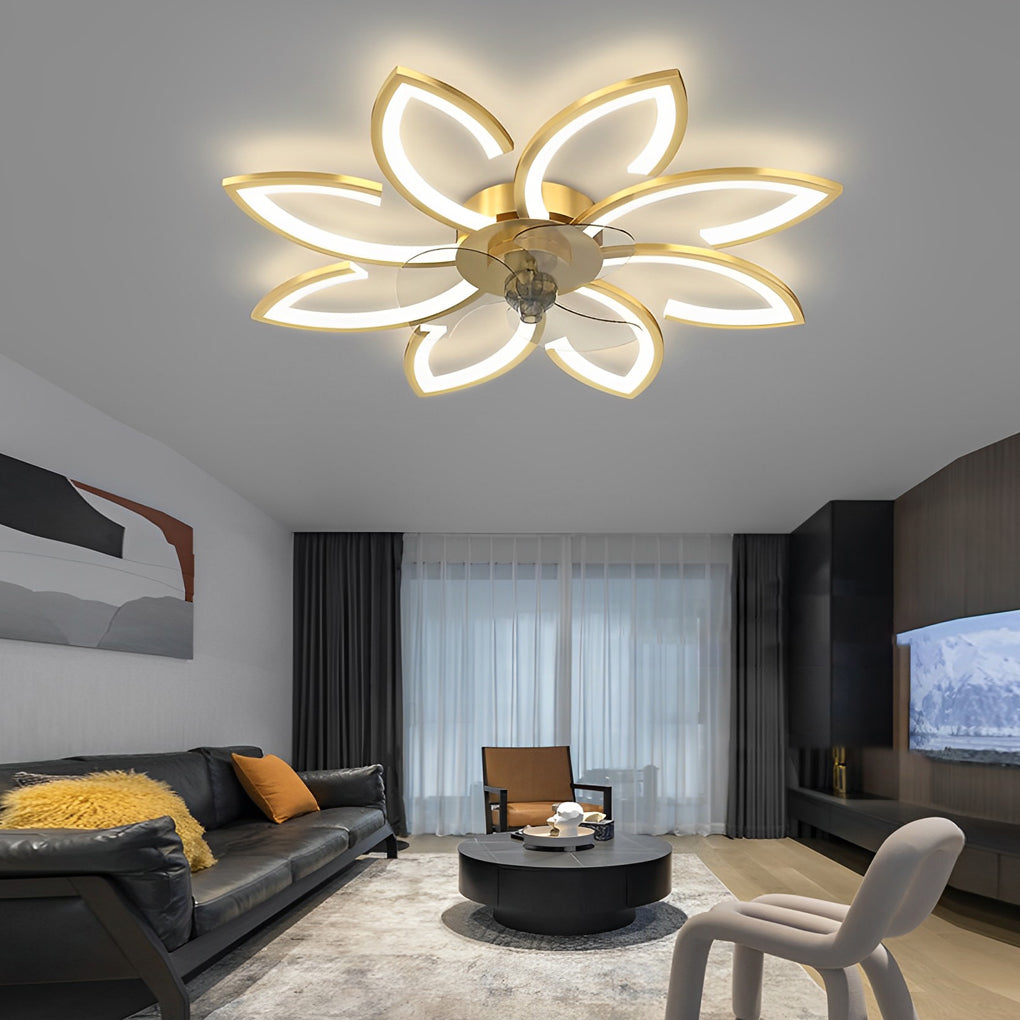 Flower ceiling fan with light enhancing a minimalist bedroom with warm light.