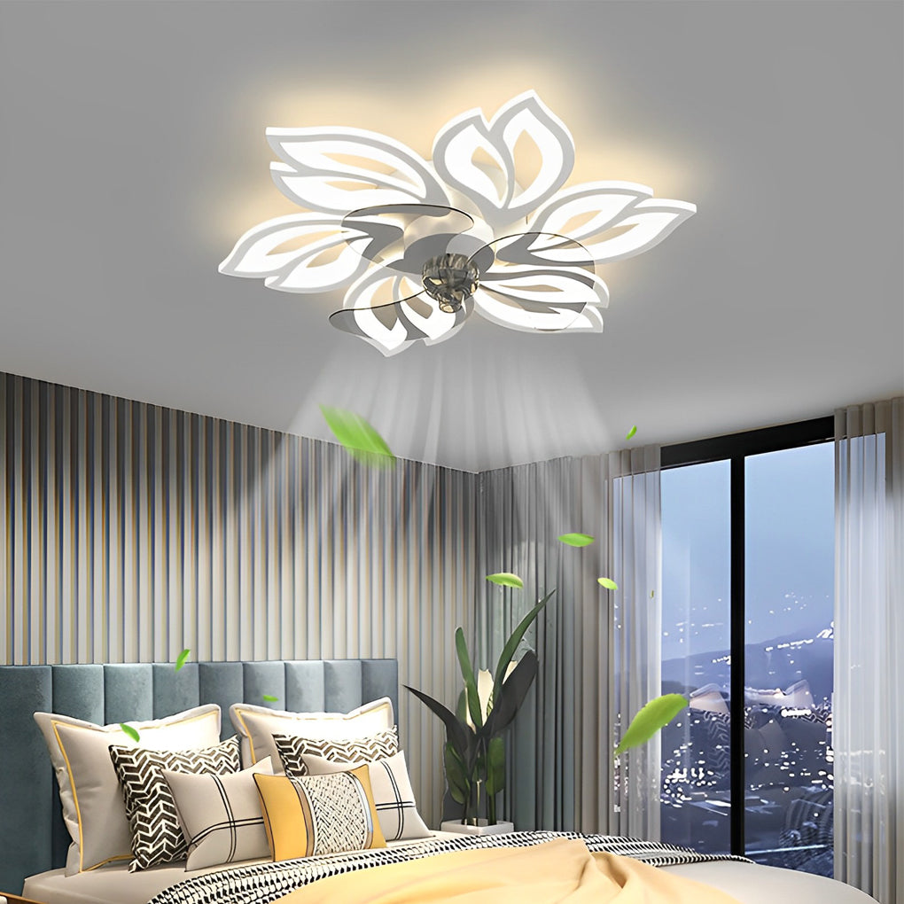 Flower ceiling fan with light illuminating a modern bedroom with soft, ambient glow.
