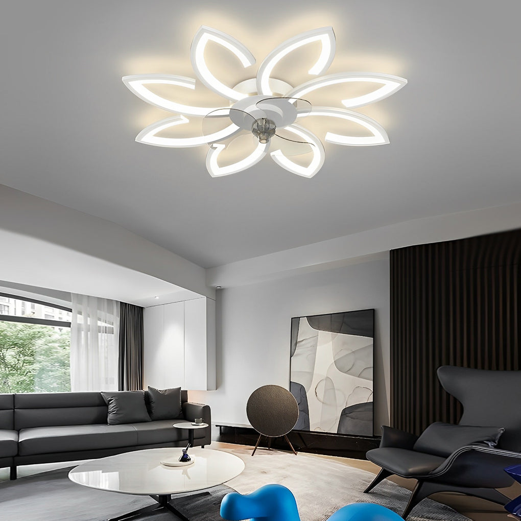 Flower ceiling fan with light illuminating a modern living room with artistic ambiance.