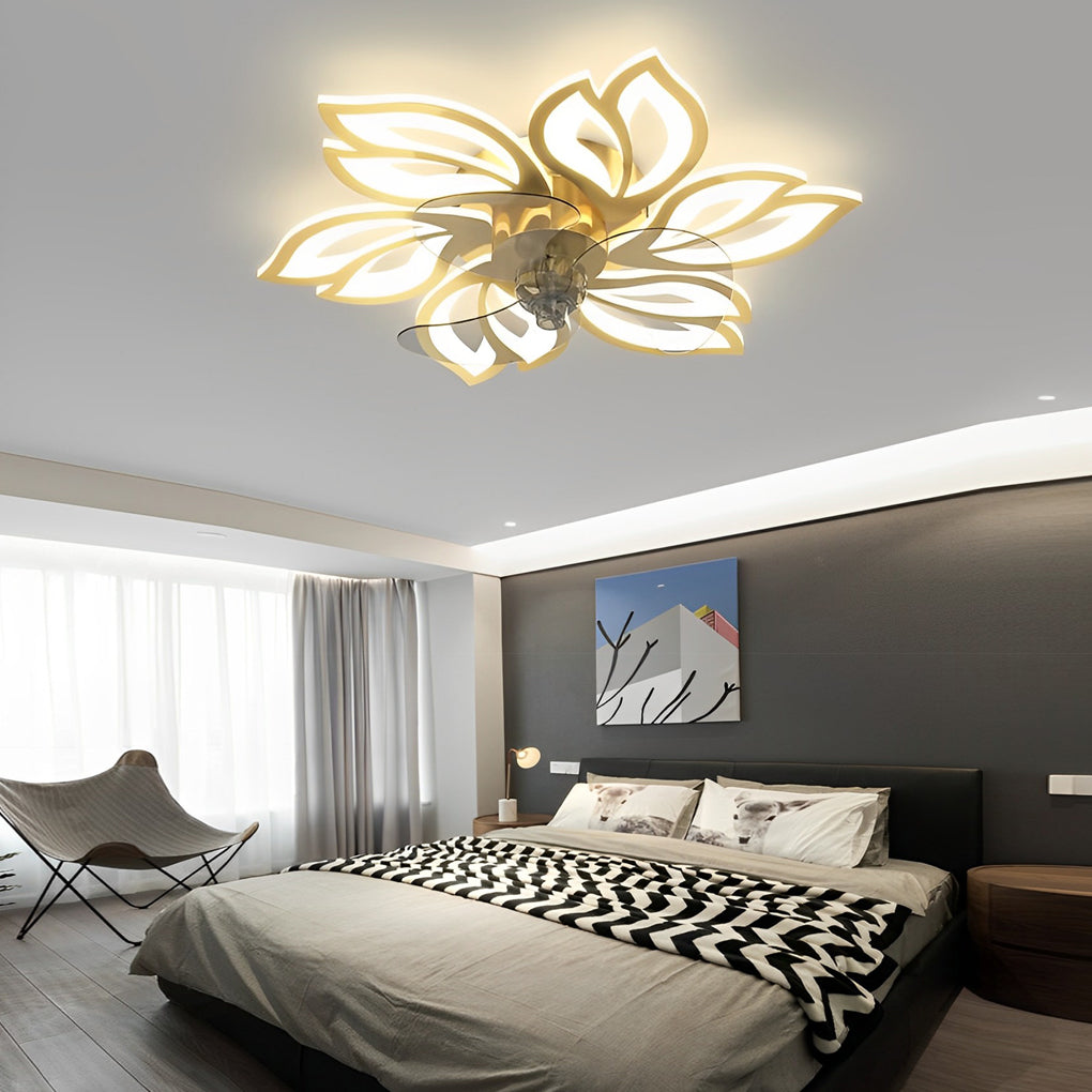 Flower ceiling fan with light providing warm illumination above a cozy bed.