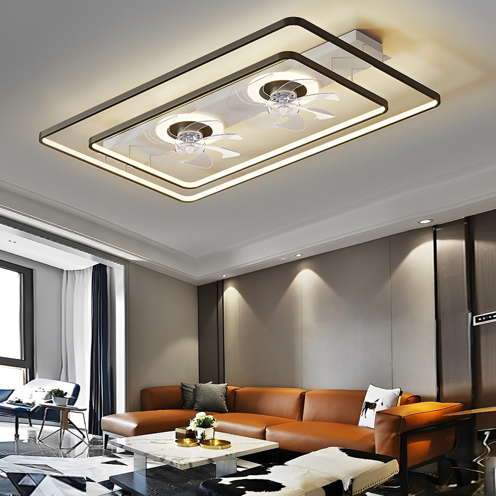 Flush mount dual head ceiling fan featuring integrated LED illumination in a modern living space.
