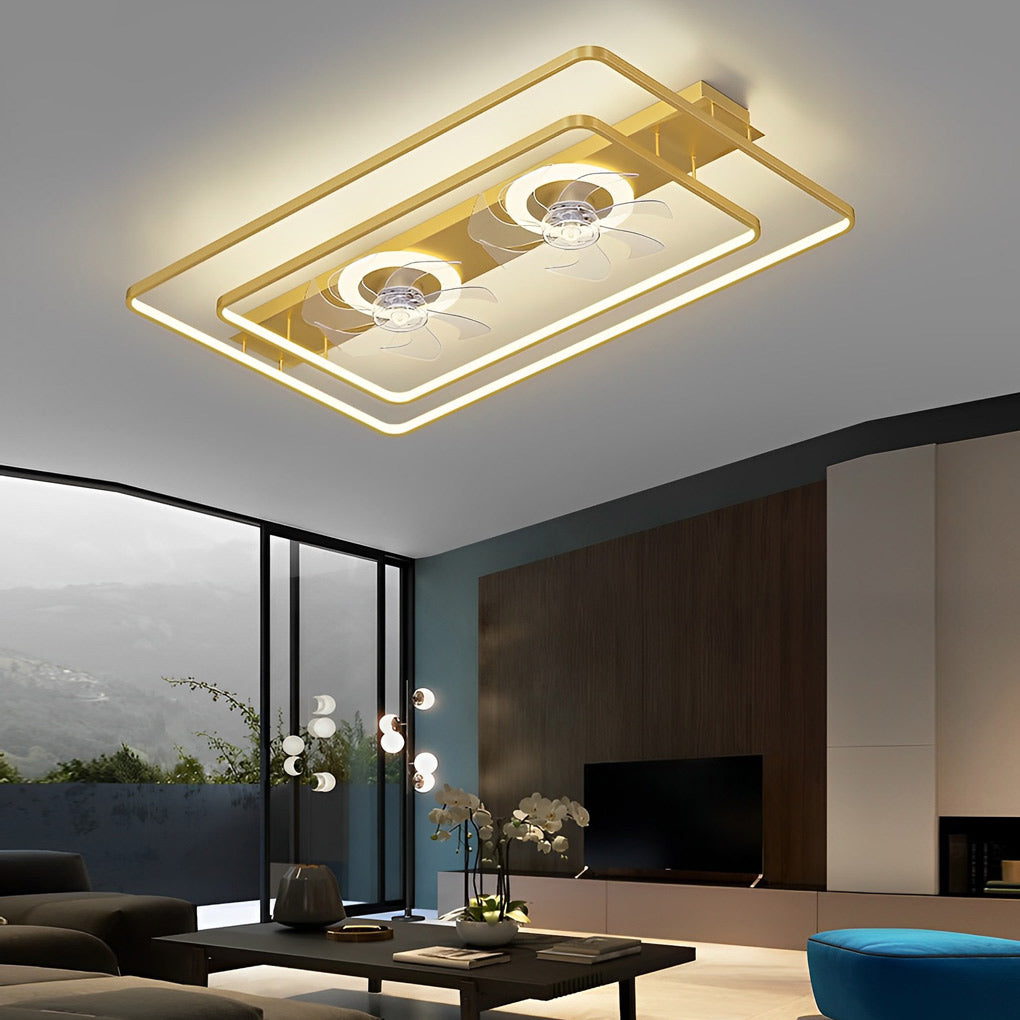 Flush mount dual head ceiling fan with rectangular LED frame in minimalist interior.