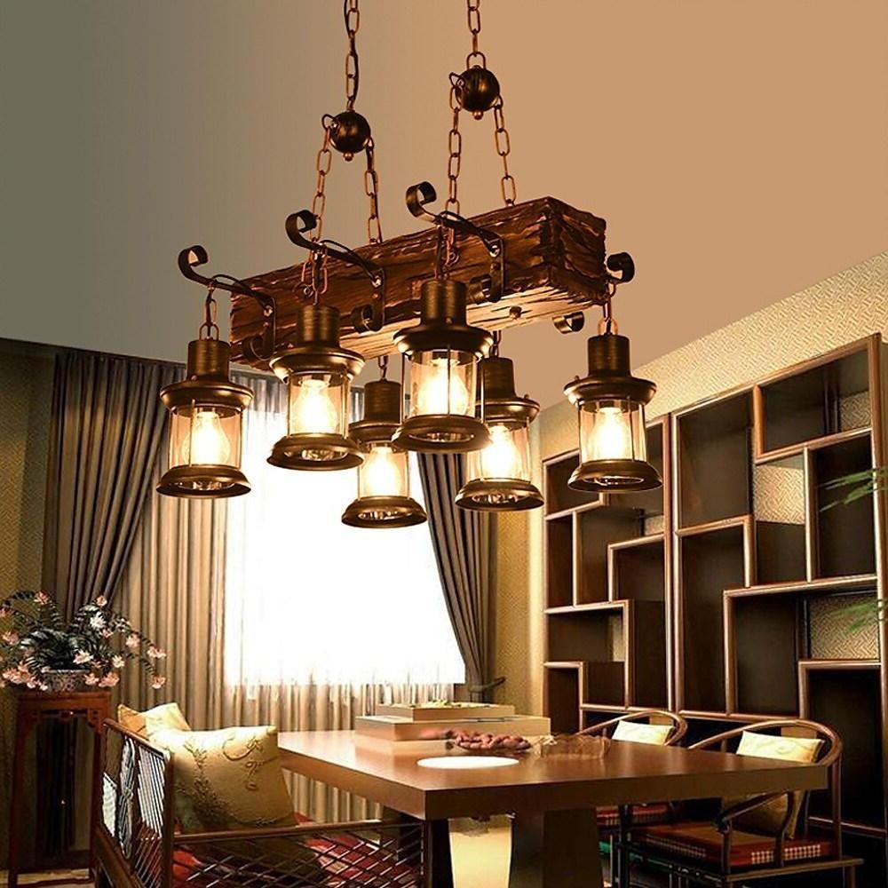 22'' LED 6-Light Single Design Chandelier Vintage Country Wood Bamboo Glass Metal Industrial Metal Vintage Style Pendant Lights-dazuma