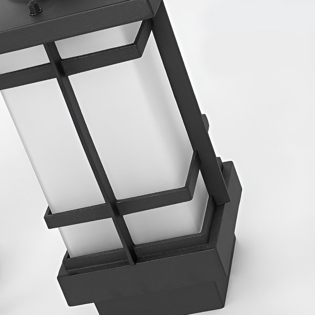 2 head outdoor post light with frosted glass panels and black frame.
