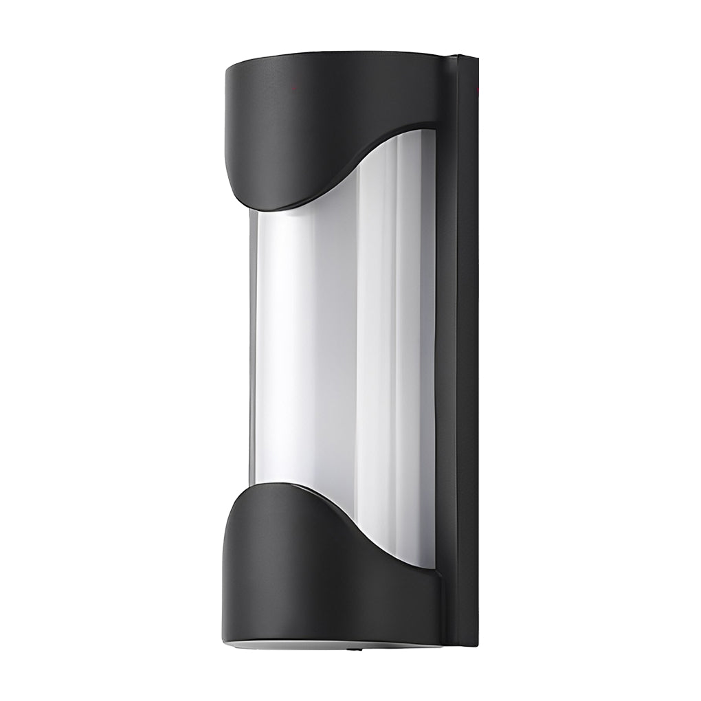 Black outdoor wall light with frosted panel on gray wall near garden.