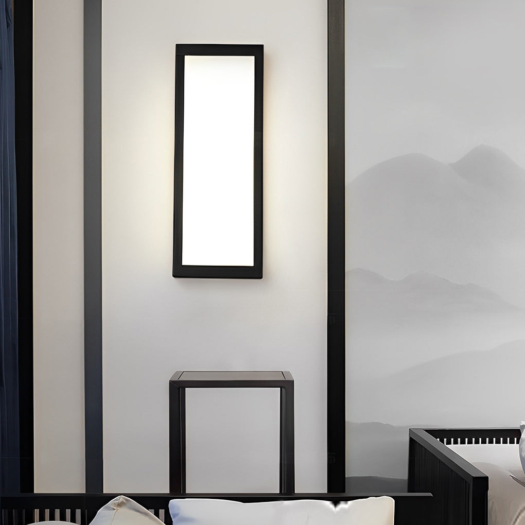 Rectangle outdoor wall lighting with frosted panel on gray wall.