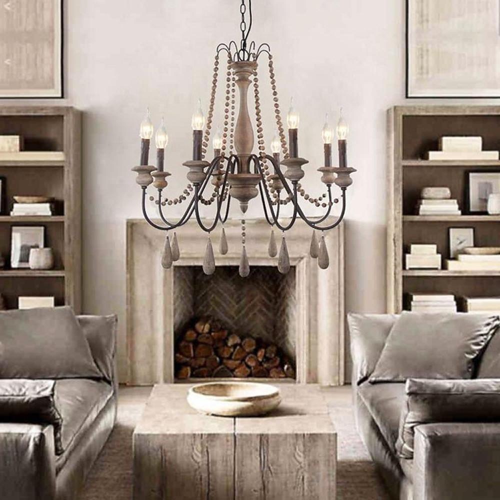 Rustic Farmhouse Wood Bead Chandelier with Teardrops Candle - Style Lights