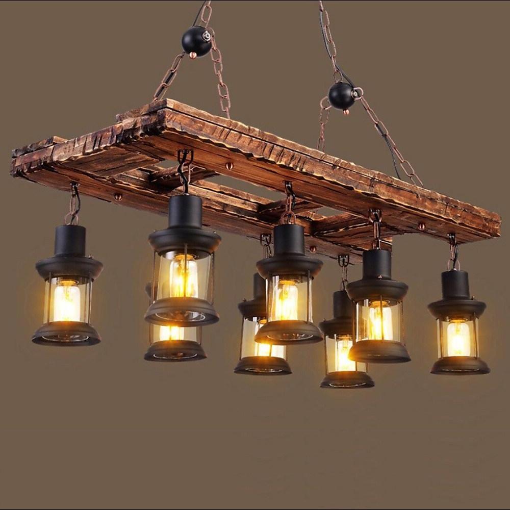 8 - light Vintage Wood Glass Lantern LED Farmhouse Chandeliers Hanging Lamp