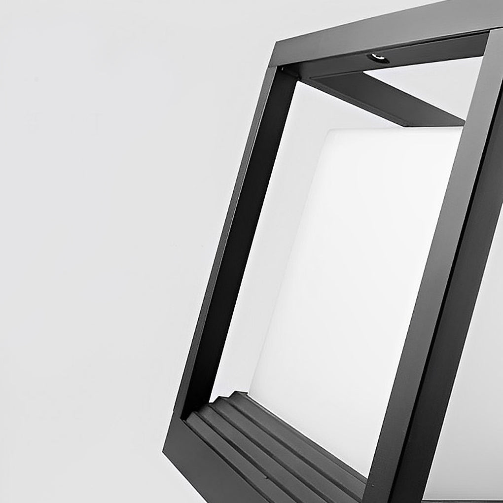 Garden pedestal lights with black frame illuminating pool deck at dusk.