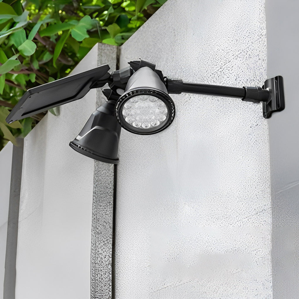 Garden spotlights solar powered with a close-up of the light and solar panel.