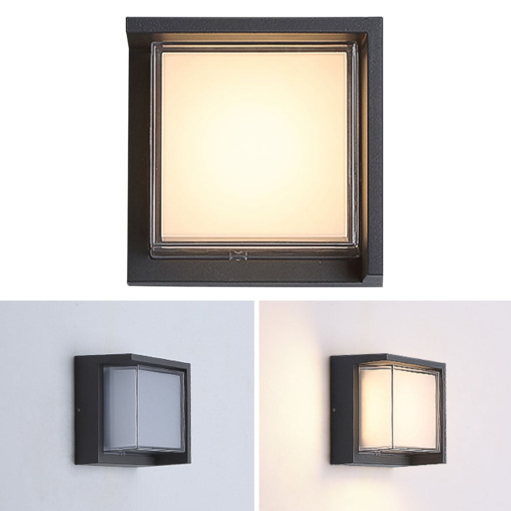Geometric outdoor sconce illuminating a contemporary outdoor wall with warm light.