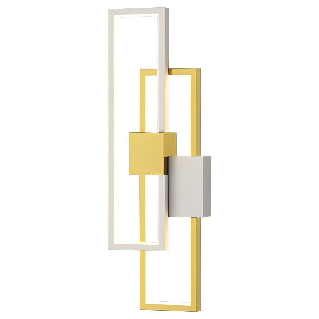Geometric wall sconce light with dimensions and installation details.