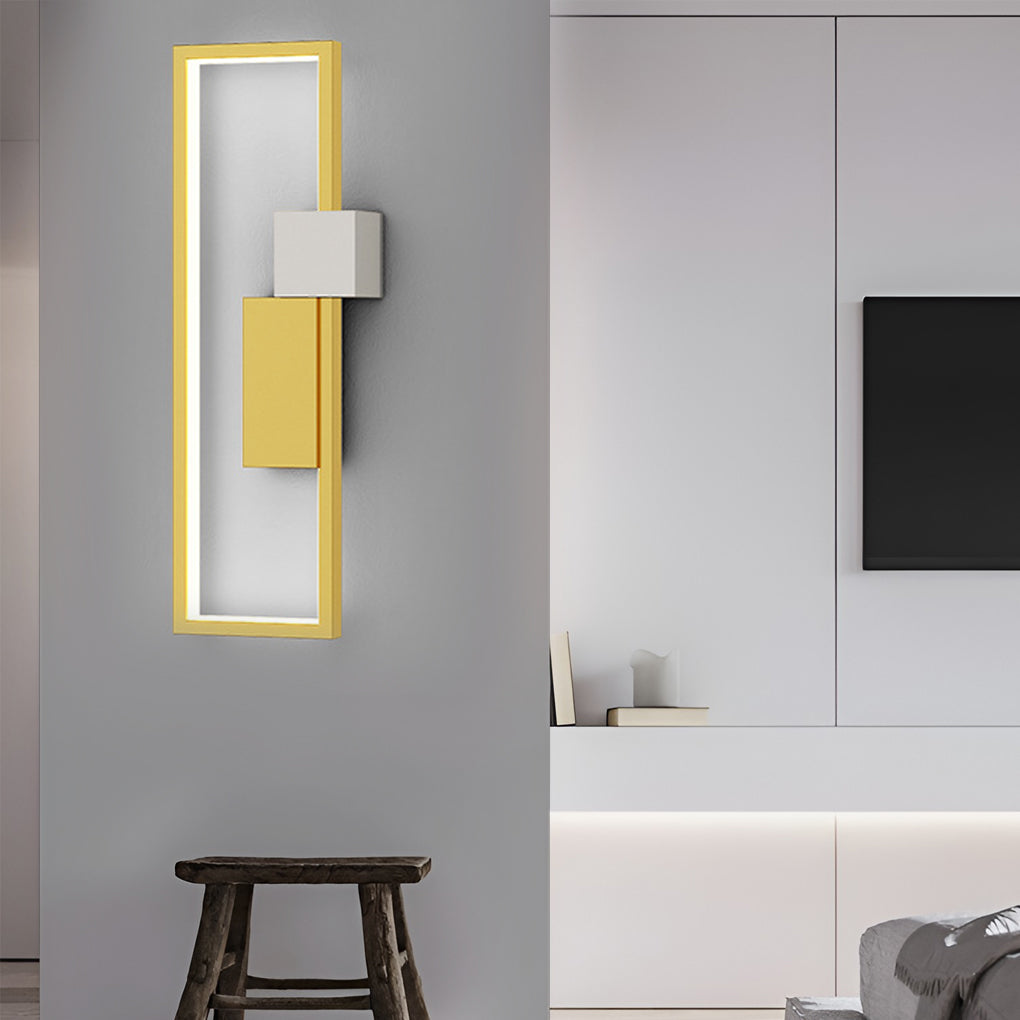 Geometric wall sconce light enhancing a stylish living room with ambient light.